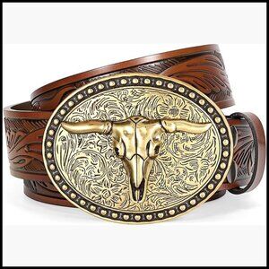 Western Leather Belt with Bull Buckle for Jeans